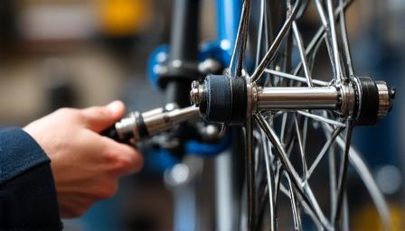 Meccanico che centra una ruota di bicicletta